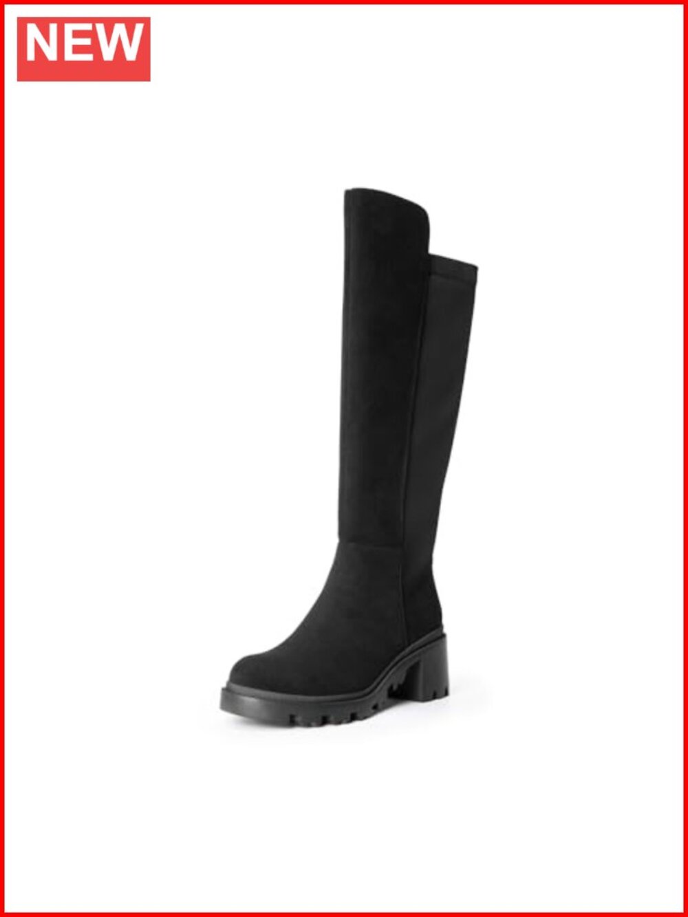 Women Platform Faux Suede Round Toe Knee High Boots Elastic Back Lug Sole